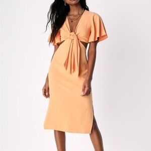 Lulus Tie Front Cutout Orange Midi Dress sz S